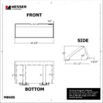 Technical blueprint of Messer Attachments 60 inch material bucket with dimensions. Shows front width, side profile with angle, and bottom support spacing