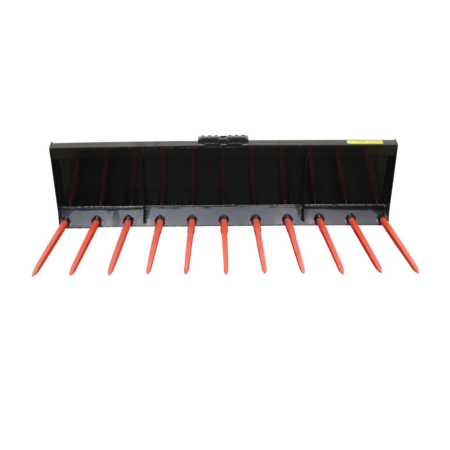 Wide front view of the Messer Attachments 84-inch heavy-duty manure fork with bright red tines and a durable steel frame