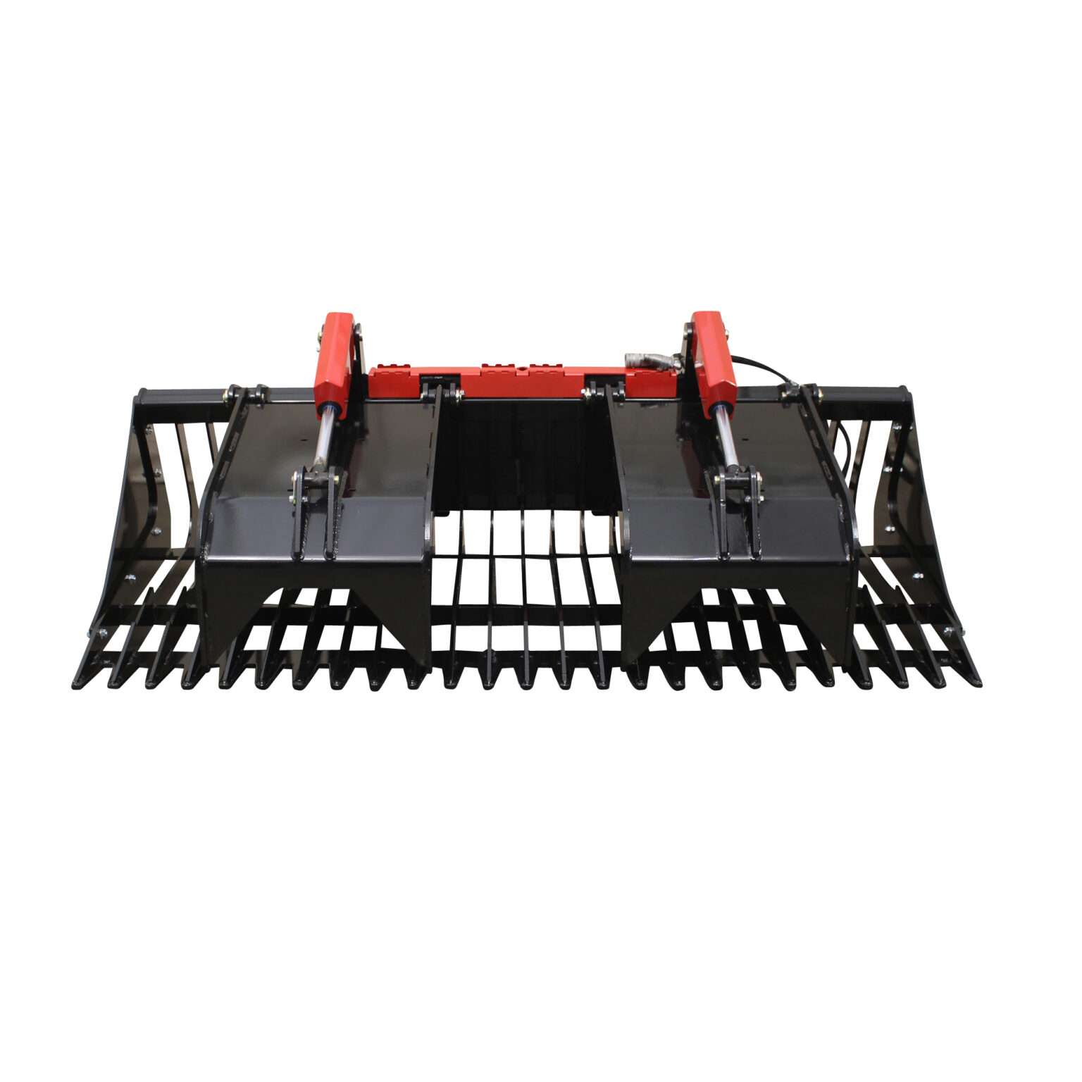 Front View closed grapples, 82 inch Rock Bucket with Grapple by Messer Attachments fits skid loader, wheel loaders, crawl loaders, front loaders. Compatible with John Deere, Bobcat, Case, New Construction, Kubota, JCB, Caterpillar